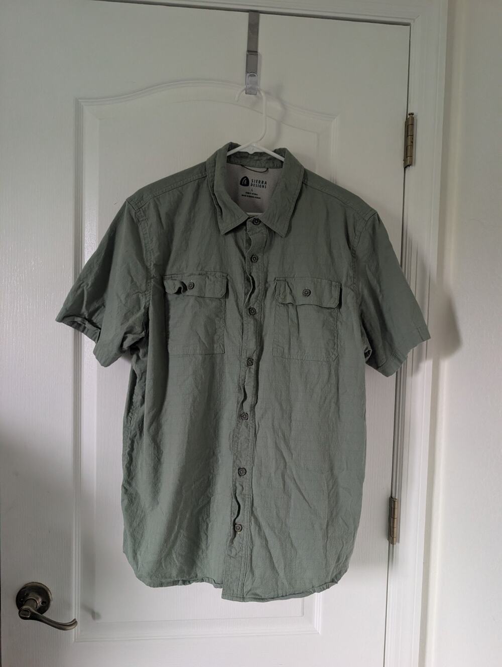 SIERRA DESIGNS Mens Short Sleeve Green Khaki Button Down Hiking Shirt Large